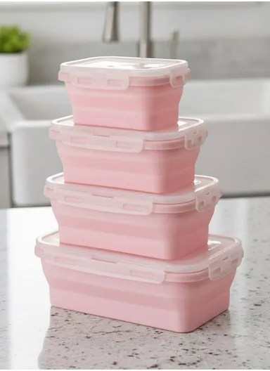 4-Pack Foldable Silicone Food Storage Lunch Box Set - Pink