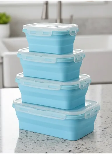 4-Packs Foldable Silicone Food Storage Lunch Boxes - Blue