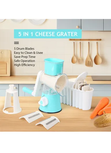 5-in-1 Multi-function Tabletop Drum Grater with Ultra Sharp Blades, Suction Base &amp; 5 Interchangeable Drums (D11 x H24)cm
