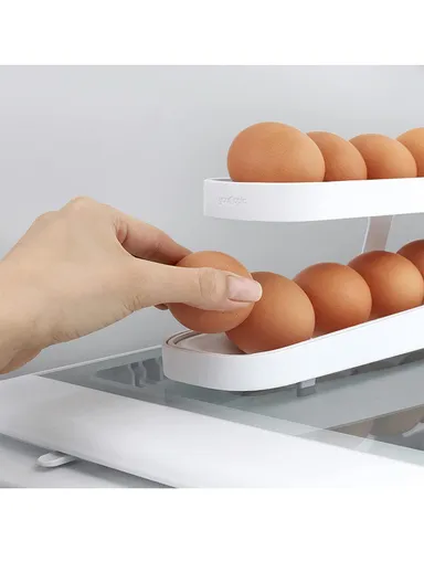 2-Tier Rolling Egg Dispenser Rack, Refrigerator Side Door Organizer - White