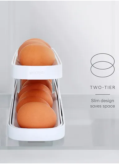 2-Tier Rolling Egg Dispenser Rack, Refrigerator Side Door Organizer - White