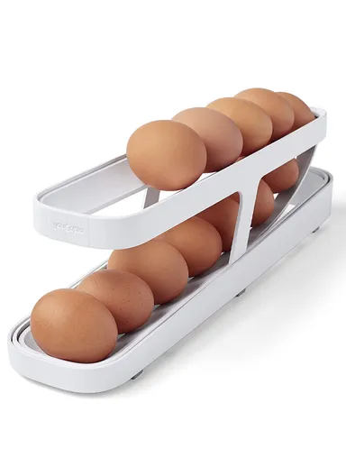 2-Tier Rolling Egg Dispenser Rack, Refrigerator Side Door Organizer - White