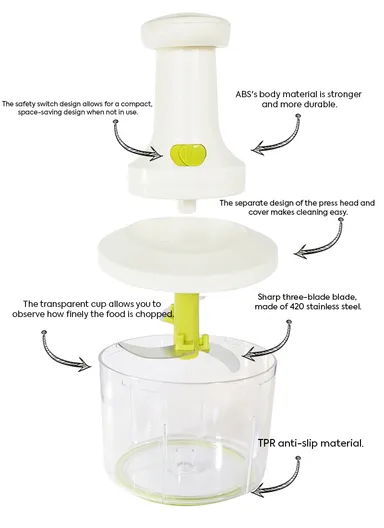 Hand-Press Manual Food Chopper with Detachable Blades - White