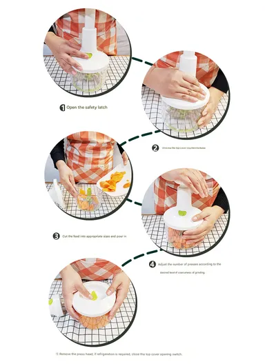 Hand-Press Manual Food Chopper with Detachable Blades - White