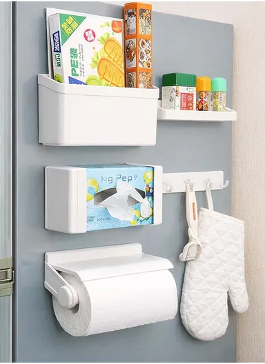 5-in-1 Modular Magnetic Refrigerator Storage Rack, Tissue Holder, Rolled Paper, Spices Shelf &amp; Hooks - Ivory White