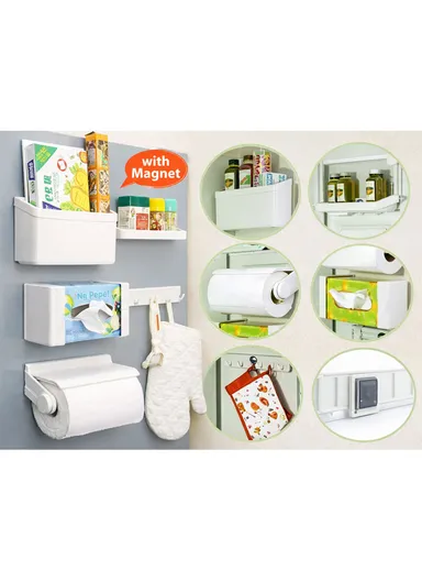 5-in-1 Modular Magnetic Refrigerator Storage Rack, Tissue Holder, Rolled Paper, Spices Shelf &amp; Hooks - Ivory White