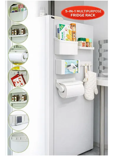 5-in-1 Modular Magnetic Refrigerator Storage Rack, Tissue Holder, Rolled Paper, Spices Shelf &amp; Hooks - Ivory White