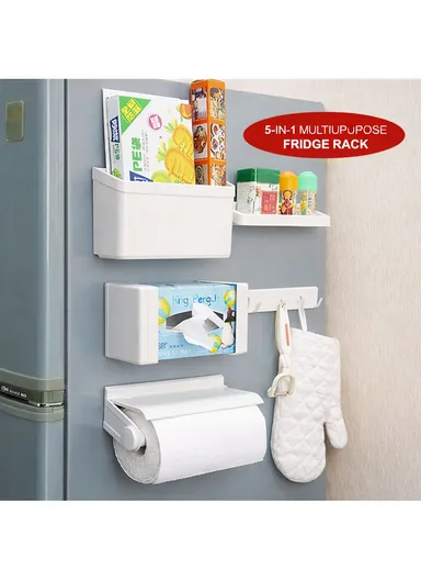 5-in-1 Modular Magnetic Refrigerator Storage Rack, Tissue Holder, Rolled Paper, Spices Shelf &amp; Hooks - Ivory White