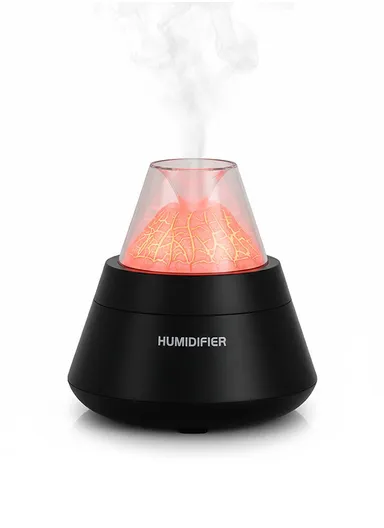 Ultrasonic Volcano Aroma Humidifier with Lava-Glow LED Lighting - Black