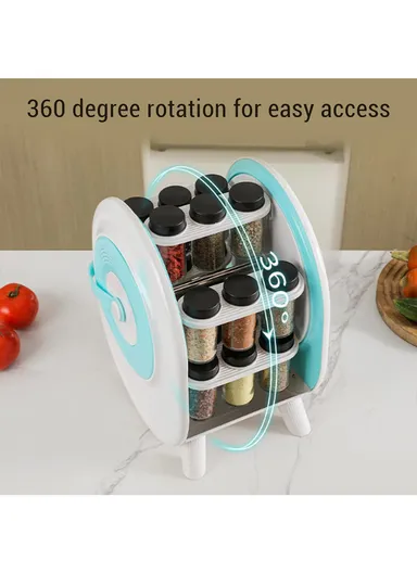 Rotating Spice Rack with 18 Glass Jars, Space-Saving Kitchen Counter Organizer with 360° Spin for Convenient Seasoning Storage
