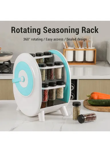 Rotating Spice Rack with 18 Glass Jars, Space-Saving Kitchen Counter Organizer with 360° Spin for Convenient Seasoning Storage