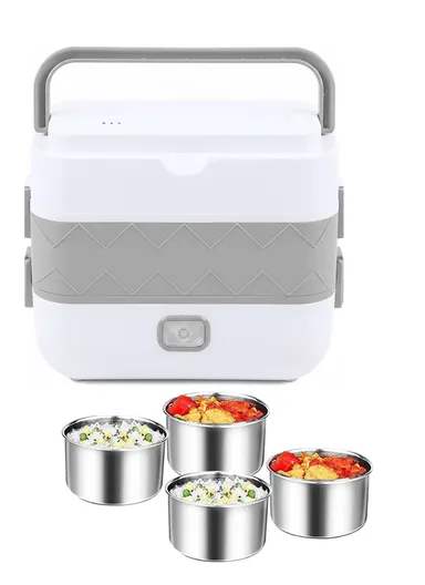 200W 2L Multifunctional Electric Cooking Lunch Box with 4 Stainless Steel Liners - Grey