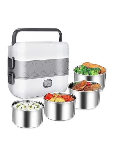 200W 2L Multifunctional Electric Cooking Lunch Box with 4 Stainless Steel Liners - Grey