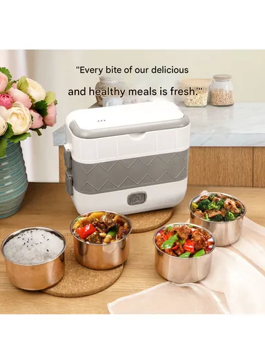 200W 2L Multifunctional Electric Cooking Lunch Box with 4 Stainless Steel Liners - Grey