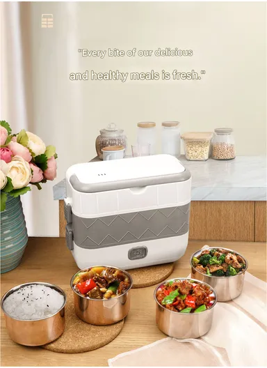 200W 2L Multifunctional Electric Cooking Lunch Box with 4 Stainless Steel Liners - Grey