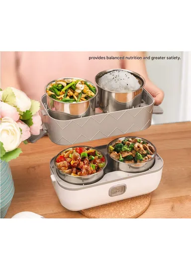 200W 2L Multifunctional Electric Cooking Lunch Box with 4 Stainless Steel Liners - Grey