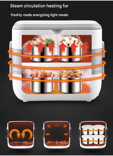 200W 2L Multifunctional Electric Cooking Lunch Box with 4 Stainless Steel Liners - Grey