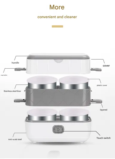 200W 2L Multifunctional Electric Cooking Lunch Box with 4 Stainless Steel Liners - Grey