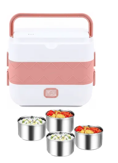 200W 2L Multifunctional Electric Cooking Lunch Box with 4 Stainless Steel Liners - Pink