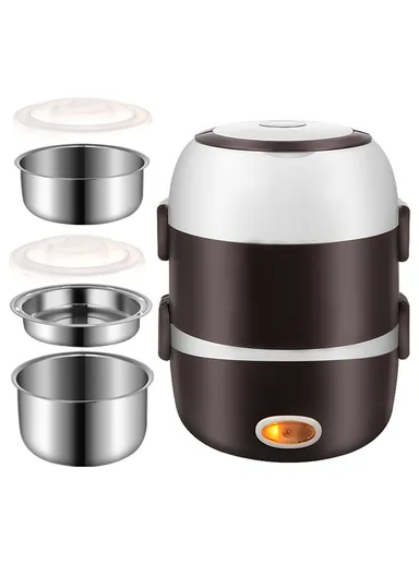 200W 2L Multifunctional Electric Cooking Lunch Box with Dual Heating &amp; 2-Layer Stainless Steel Containers – Black