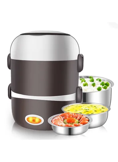 200W 2L Multifunctional Electric Cooking Lunch Box with Dual Heating &amp; 2-Layer Stainless Steel Containers – Black