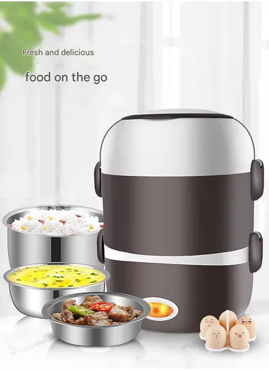 200W 2L Multifunctional Electric Cooking Lunch Box with Dual Heating &amp; 2-Layer Stainless Steel Containers – Black