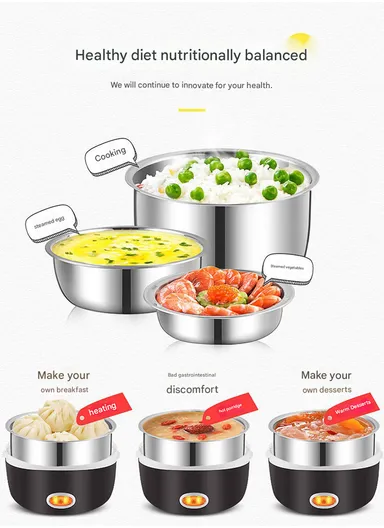 200W 2L Multifunctional Electric Cooking Lunch Box with Dual Heating &amp; 2-Layer Stainless Steel Containers – Black