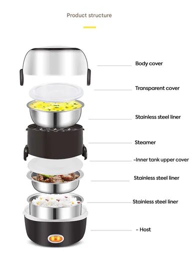 200W 2L Multifunctional Electric Cooking Lunch Box with Dual Heating &amp; 2-Layer Stainless Steel Containers – Black