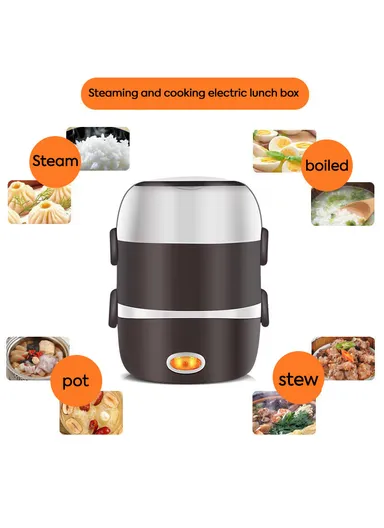 200W 2L Multifunctional Electric Cooking Lunch Box with Dual Heating &amp; 2-Layer Stainless Steel Containers – Black