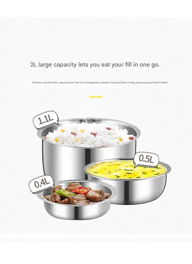 200W 2L Multifunctional Electric Cooking Lunch Box with Dual Heating &amp; 2-Layer Stainless Steel Containers – Black