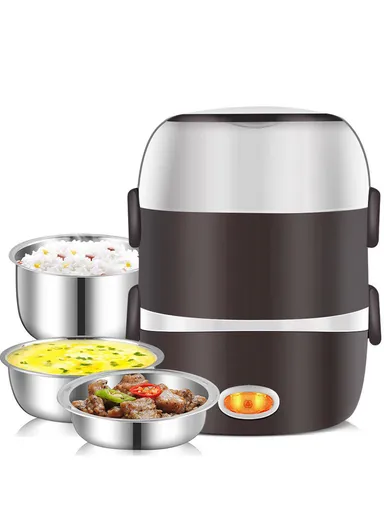 200W 2L Multifunctional Electric Cooking Lunch Box with Dual Heating &amp; 2-Layer Stainless Steel Containers – Black
