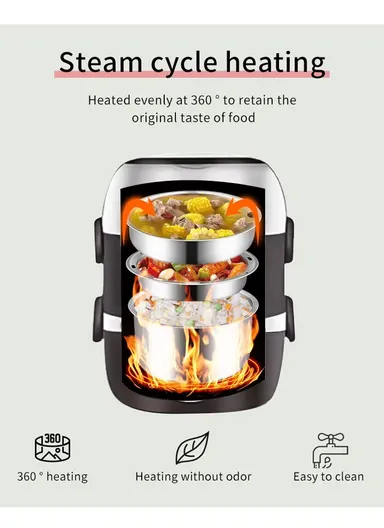 200W 2L Multifunctional Electric Cooking Lunch Box with Dual Heating &amp; 2-Layer Stainless Steel Containers – Black