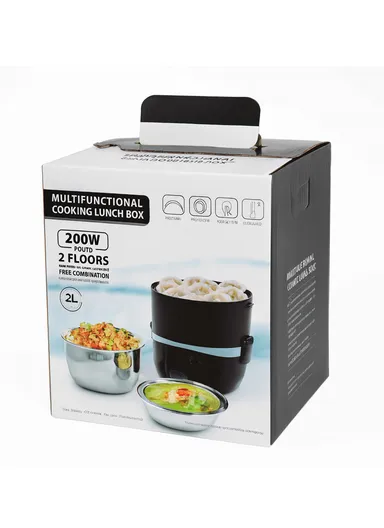 200W 2L Multifunctional Electric Cooking Lunch Box with Dual Heating &amp; 2-Layer Stainless Steel Containers – Black