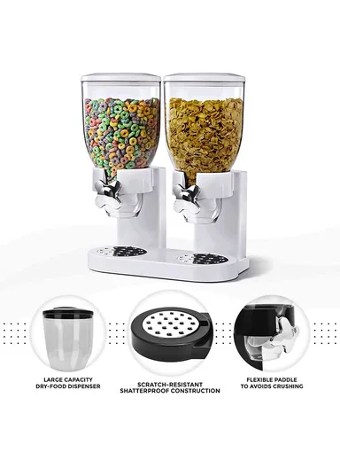 Double Cereal Dispenser, Dry Food &amp; Grain Container (L19.5 x W33 x H42)cm - White