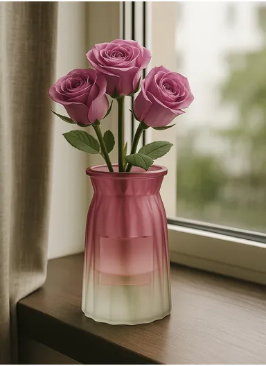 Origami Frosted Design Multi-Color Matte Elegant Flower Desk Decorative Glass Vase (D8 x H15)cm - Red