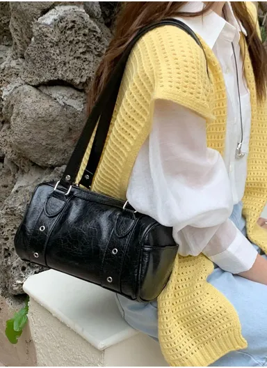 Refined PU Horizontal Mini Tote, Barrel Shape Bag with Top Zip Closure &amp; Metal Rivet Detail 1666 - Black