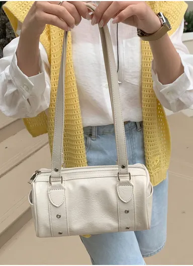 Refined PU Horizontal Mini Tote, Barrel Shape Bag with Top Zip Closure &amp; Metal Rivet Detail 1666 - White