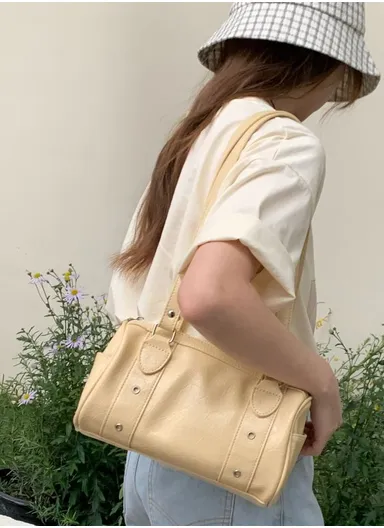 Refined PU Horizontal Mini Tote, Barrel Shape Bag with Top Zip Closure &amp; Metal Rivet Detail 1666 - Beige