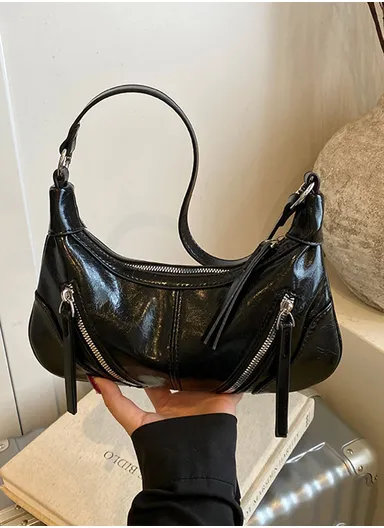 Retro PU Leather Shoulder Hobo Bag with Decorative Zippers &amp; Removable Strap 6016 - Black