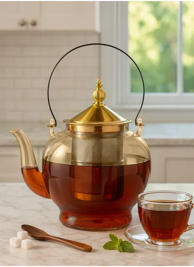 1500ml Elegant Heat Resistant Borosilicate Glass Teapot with Stainless Steel Handle, Lid &amp; Strainer – Transparent Gold