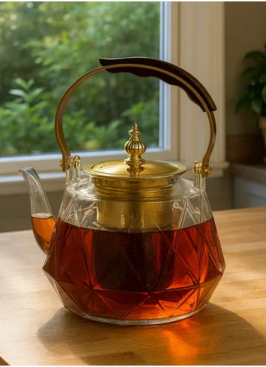 1200ml High Borosilicate Heat Resistant Diamond Glass Teapot with Stainless Steel Handle &amp; Strainer – Transparent