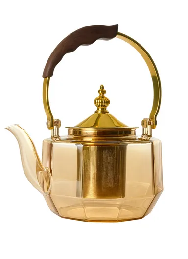 1000ml High Borosilicate Heat Resistant Glass Teapot with Stainless Steel Handle &amp; Strainer – Transparent Gold
