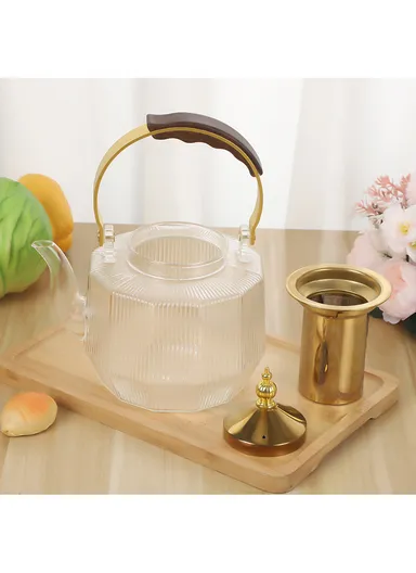 1000ml High Borosilicate Heat Resistant Glass Teapot with Stainless Steel Handle &amp; Strainer – Transparent Gold