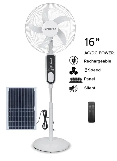 16" 5500mAh Rechargeable Fan with 5 Blades, 32W AC/DC 5-Speed Adjustable &amp; Retractable Height Fan with Solar Panel &amp; Remote Control SF-162L