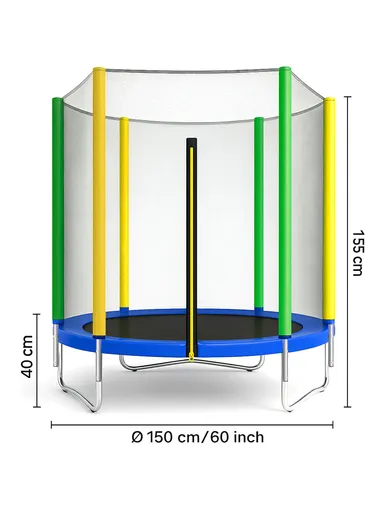 150cm Garden Trampoline 155cm Total Height 40cm Off-Floor Height 100kg Maximum Load Capacity with Safety Net-Mesh LBA5FT- Green + Yellow + Blue
