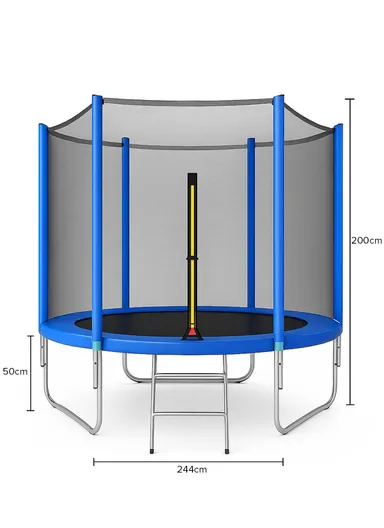 244cm Garden Trampoline 200cm Total Height 50cm Off-Floor Height 150kg Maximum Load Capacity with Safety Net-Mesh &amp; Ladder LB8FT- Blue
