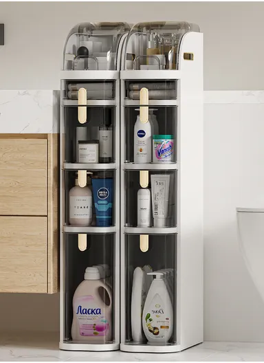 4-Tiers Plastic Bathroom Storage Cabinet, Narrow Slim Gap Floor Organizer, Side Unit Waterproof with Drawers &amp; Handle Small Kitchen Laundry