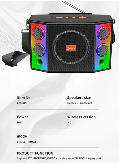 2 in 1 Portable Speaker Wireless Dual Speakers RGB Led Light Bluetooth With RGB Effect ZQS-824 - Black
