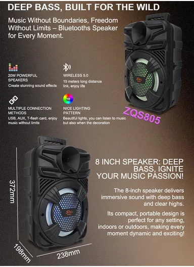 1800mAh DJ Speaker Subwoofer Wireless BT Sound BOX Party Speaker ZQS-805