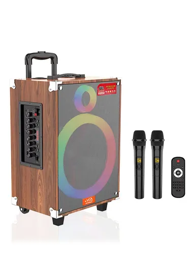 10" Treble &amp; Bass Control Portable Bluetooth Speaker With Wheels, AUX, Wireless Microphone Included, FM, AUX &amp; Remote Controller JQS-910L - Brown